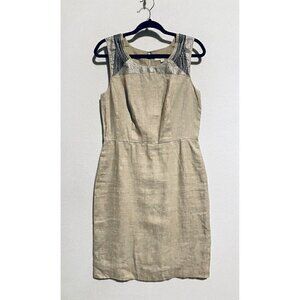 LOFT Dress Womens 8 Sleeveless Sheath Beaded Sequin Beige Linen Lined Boho